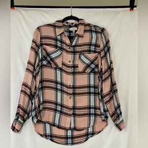 Lucky Brand Pink and Black Plaid Button-Down Shirt, Womens size medium